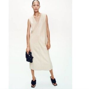 Zara Faux Leather Cream V-Neck Sleeveless Midi Dress